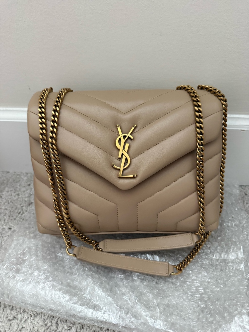 Saint Laurent Calfskin Quilted Monogram Small Lou Lou Chain Satchel Dark Beige